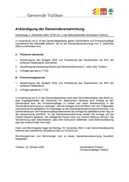 Ankündigung der Gemeindeversammlung